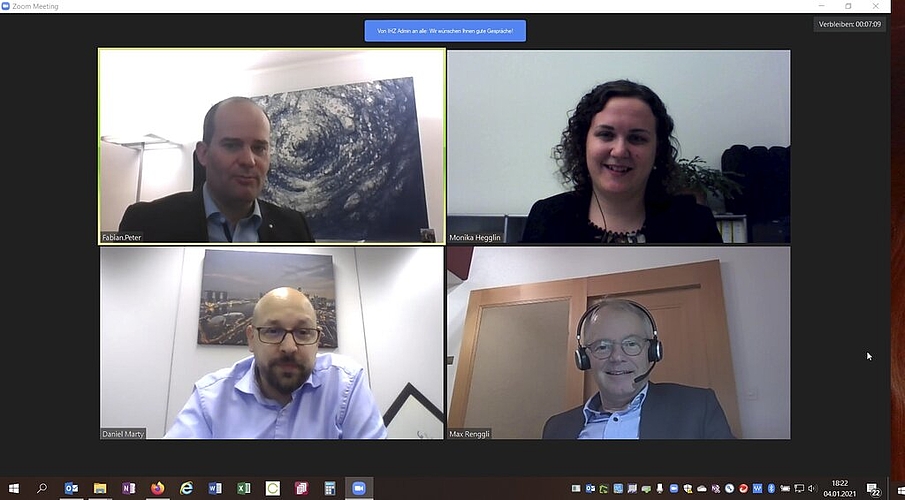 Regierungsrat Fabian Peter (o. l.) traf in einem separaten Chatroom auf Monika Hegglin (IHZ), Daniel Marty (u. l.), Finova Partners AG, und Max Renggli (u. r.), Renggli AG.