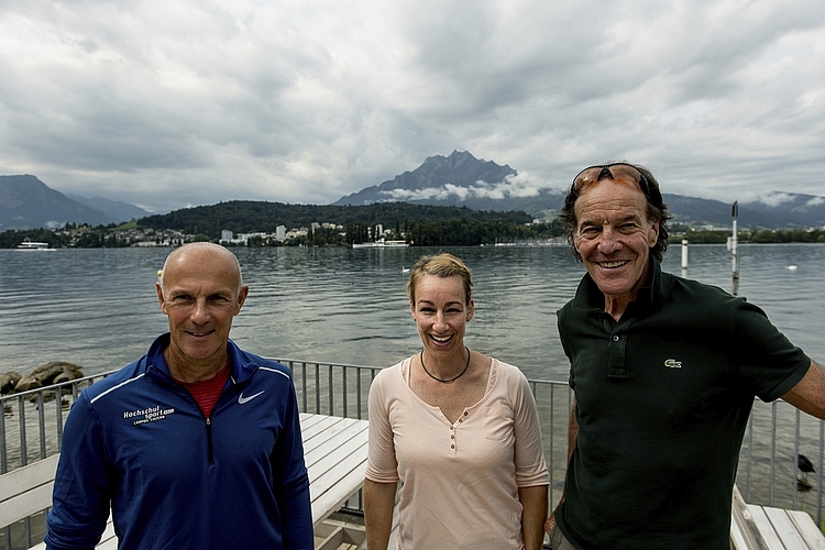 Patrick Udvardi, Leiter Hochschulsport Campus Luzern HSCL (l.), Marilen Matter, OK-Leitung 2011, und Hans Peter Lüthi, OK-Chef von 2013 bis 2020.
