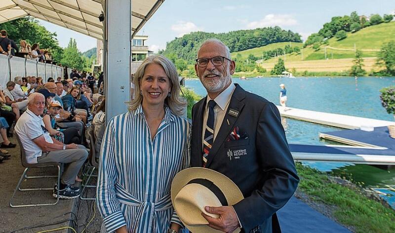 Luzerner Stadträtin Franziska Bitzi und Andreas Bucher, Präsident Lucerne Regatta. «Ein wunderbarer Sportsonntag am Rotsee in Luzern!», meinte Franziska Bitzi.
